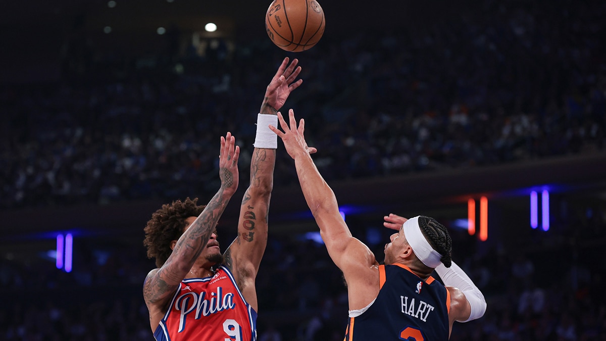 Apr 22, 2024; New York, New York, USA; Philadelphia 76ers guard Kelly Oubre Jr. (9) shoots the ball as New York Knicks guard Josh Hart (3) defends during the first half during game two of the first round for the 2024 NBA playoffs at Madison Square Garden. Mandatory Credit: Vincent Carchietta-USA TODAY Sports