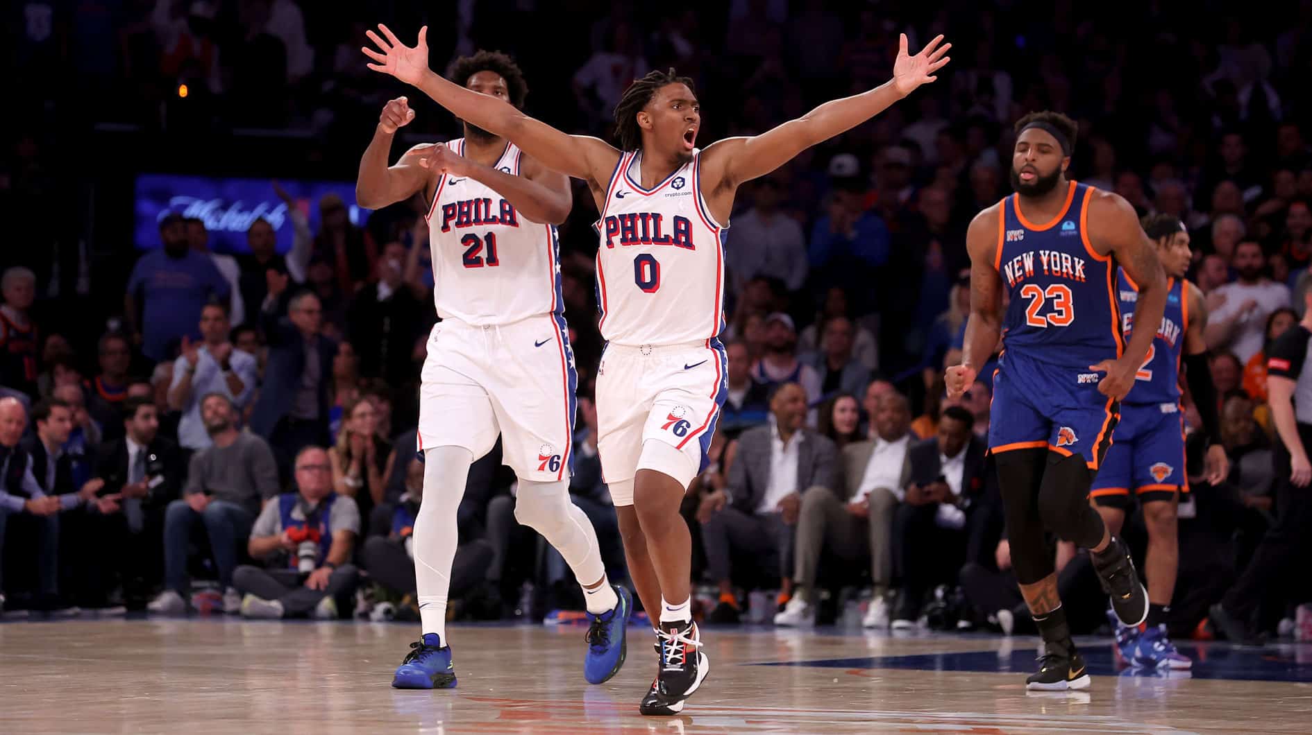 Apr 30, 2024; New York, New York, USA; Philadelphia 76ers guard Tyrese Maxey (0) reacts during overtime in game 5 of the first round of the 2024 NBA playoffs against the New York Knicks at Madison Square Garden. Mandatory Credit: Brad Penner-USA TODAY Sports