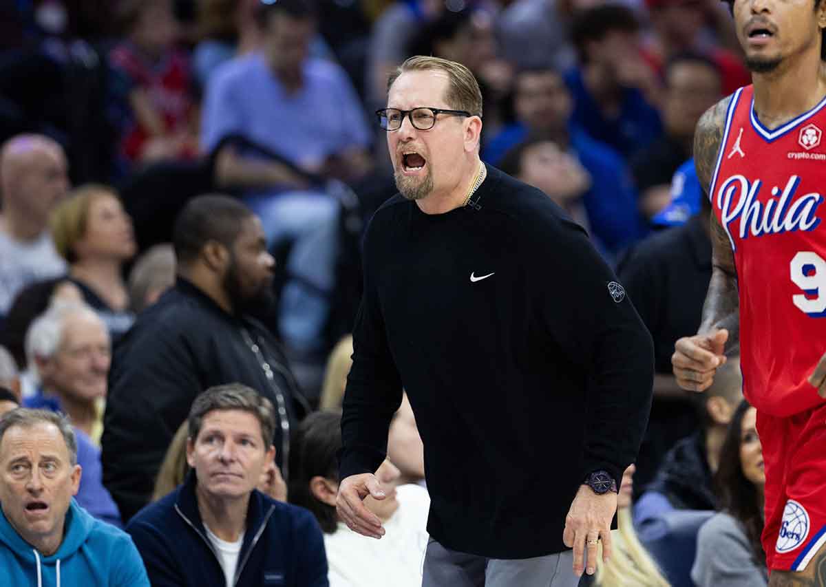 Apr 28, 2024; Philadelphia, Pennsylvania, USA; Philadelphia 76ers head coach Nick Nurse reacts to a play against the New York Knicks during the first half of game four of the first round in the 2024 NBA playoffs at Wells Fargo Center. Mandatory Credit: Bill Streicher-USA TODAY Sports