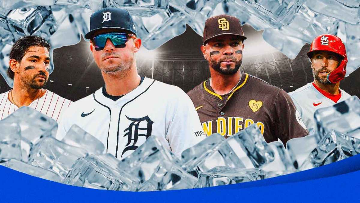 Photo: MLB stars Nick Castellanos in Phillies jersey, Spencer Torkelson in Tigers jersey, Xander Bogaerts in Padres jersey, Paul Goldschmidt in Cardinals jersey, all players in action, have some ice around them because they've been ice cold at the plate