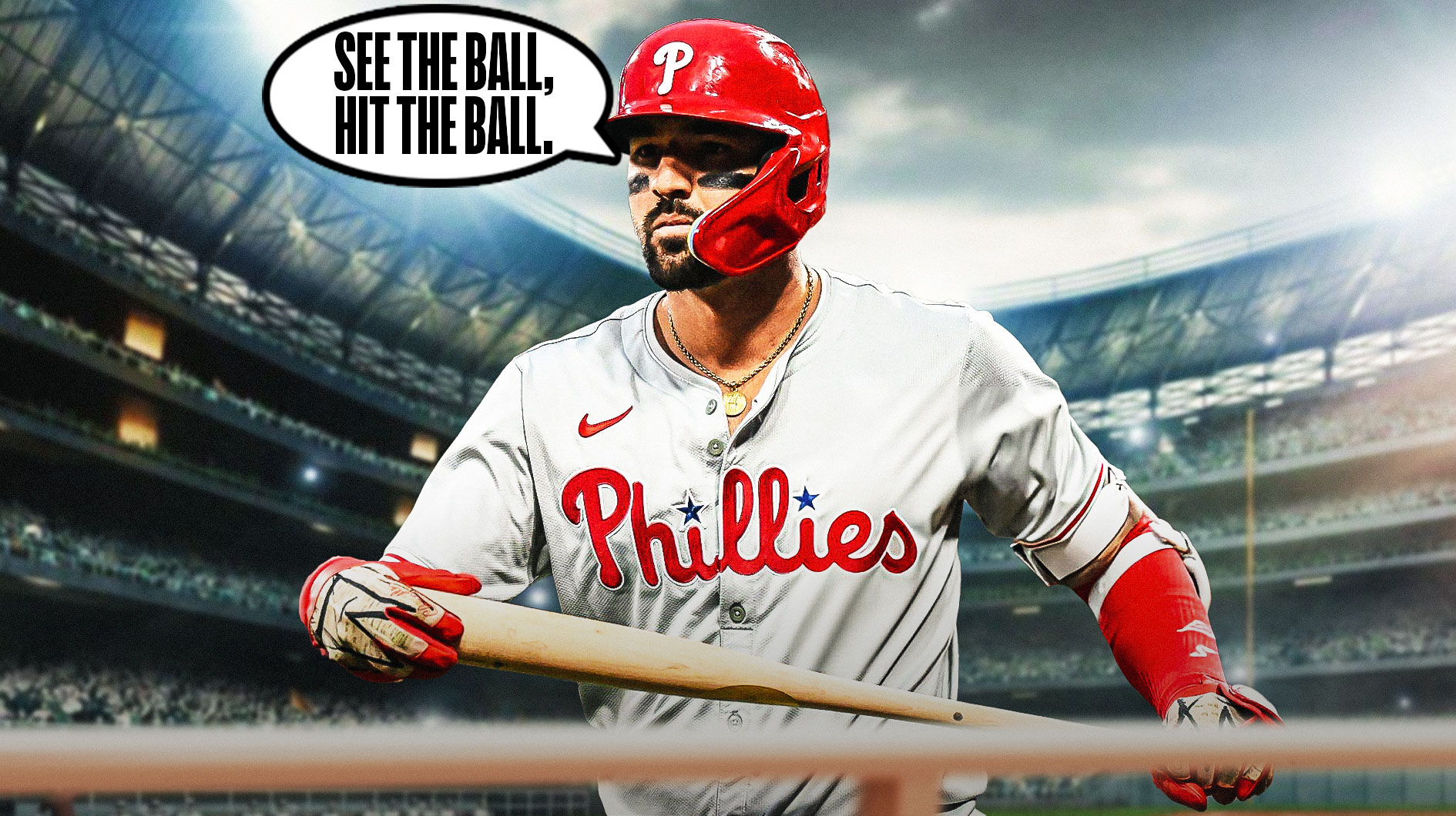 Nick Castellanos holding a bat saying "see the ball, hit the ball."