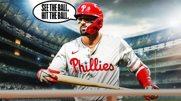 Nick Castellanos holding a bat saying "see the ball, hit the ball."