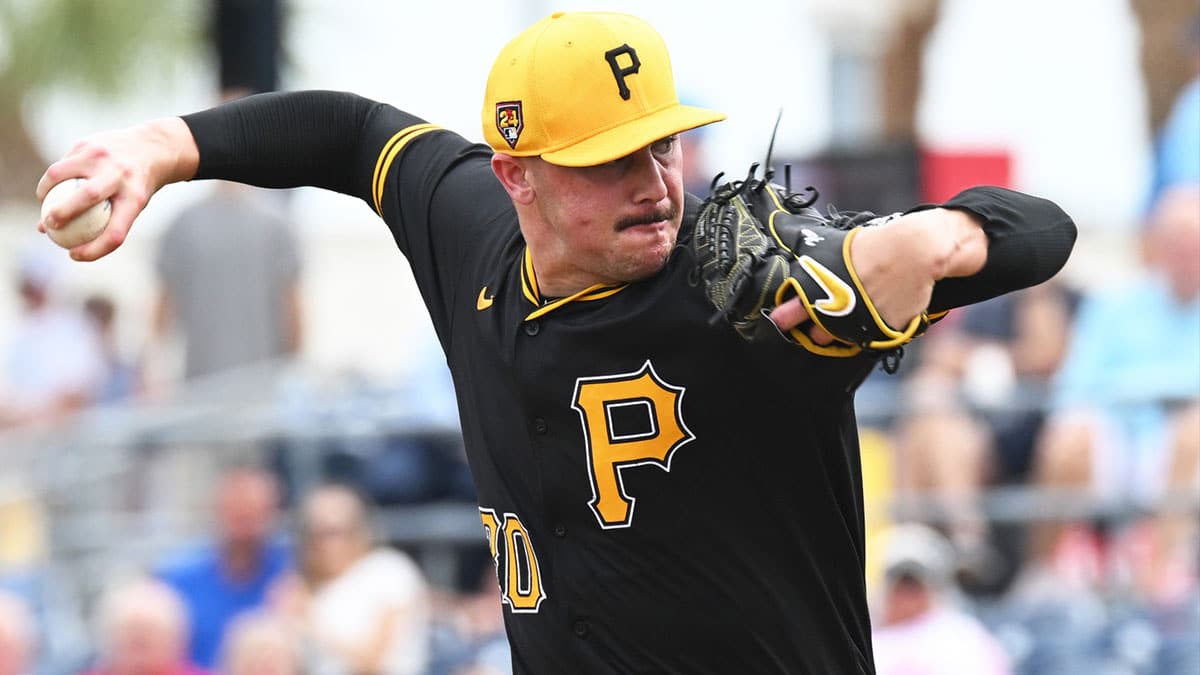 Pittsburgh Pirates pitcher Paul Skenes (30) throws a pitch in the fourth inning of the spring training game against the Tampa Bay Rays at CoolToday Park. 