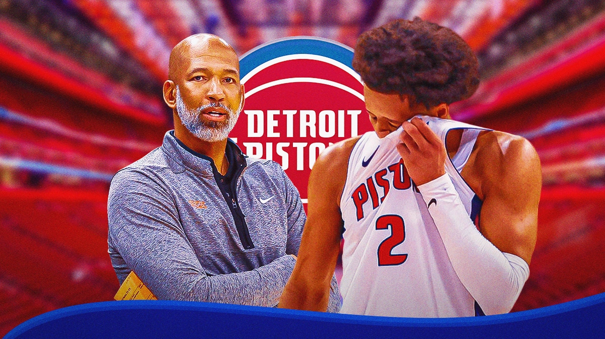 Pistons Monty Williams and Cade Cunningham looking sad, upset