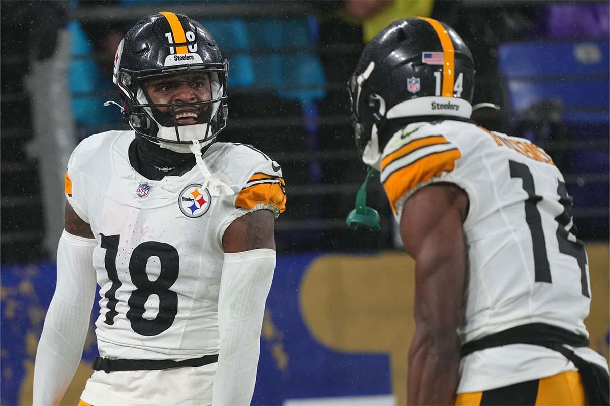 Pittsburgh Steelers wide receiver Deontae Johnson (18) celebrates his fourth quarter touchdown against the Baltimore Ravens with wide receiver George Pickens (14) at M&T Bank Stadium.