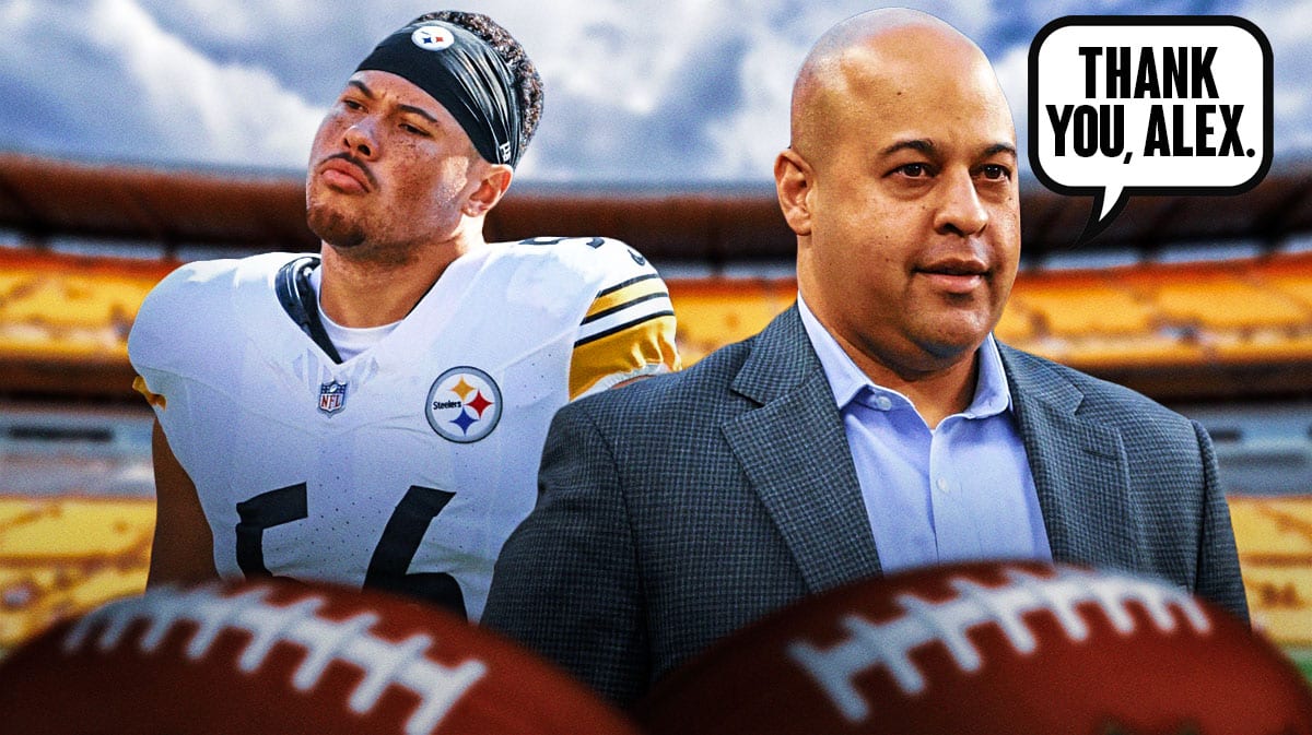 Pittsburgh Steelers general manager Omar Khan next to Pittsburgh Steelers edge defender Alex Highsmith. Khan has a speech bubble that says “Thank you, Alex.”