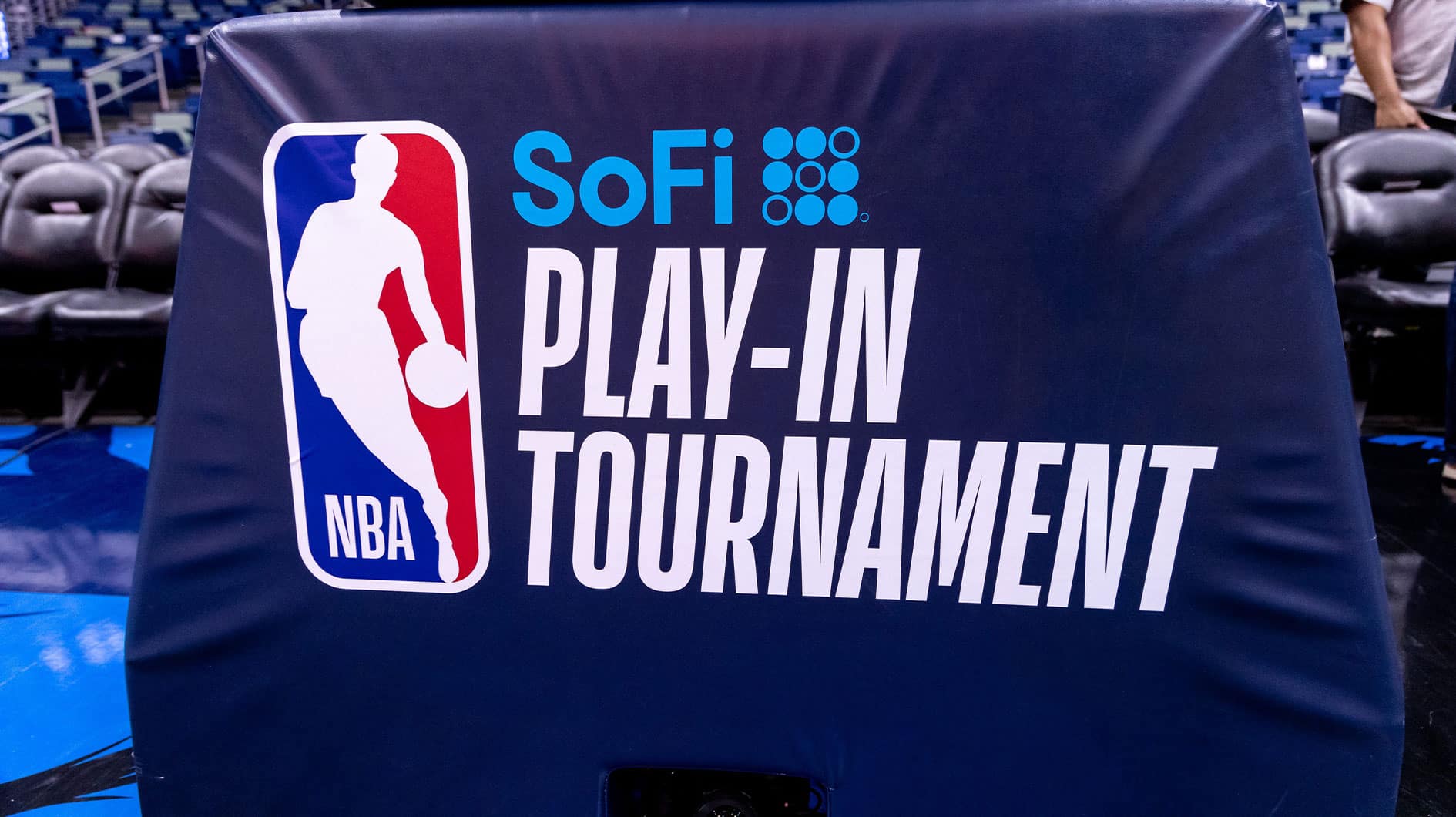 Detailed view of the SoFi Play-In Tournament stanchion padding during warmups before a play-in game between the New Orleans Pelicans and the Sacramento Kings in the 2024 NBA playoffs at Smoothie King Center.