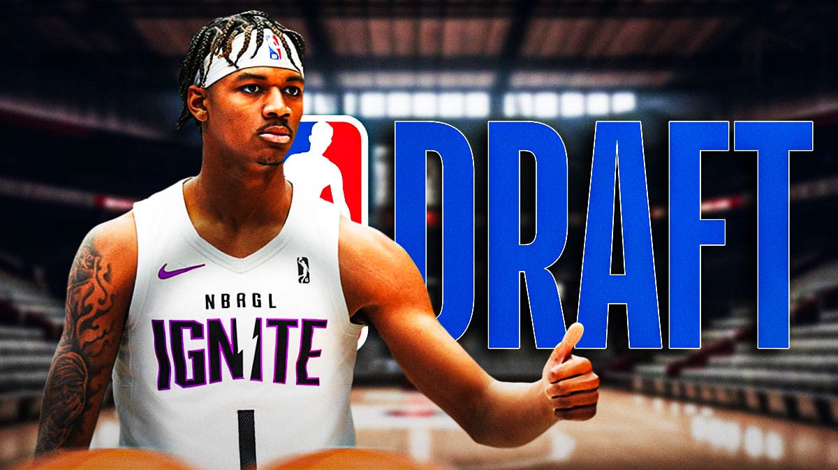 NBA Draft logo next to G League Ignite guard Dink Pate