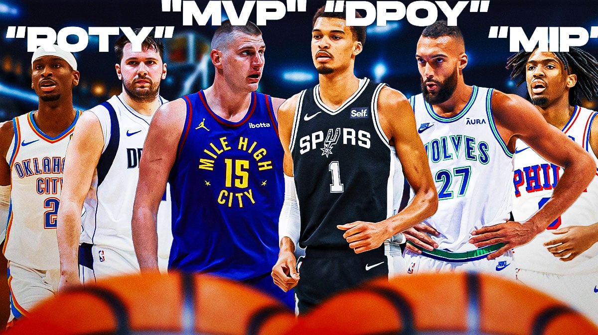 [NBA Awards] Nikola Jokic, Victor Wembanyama, Luka Doncic, and others with NBA awards above them.