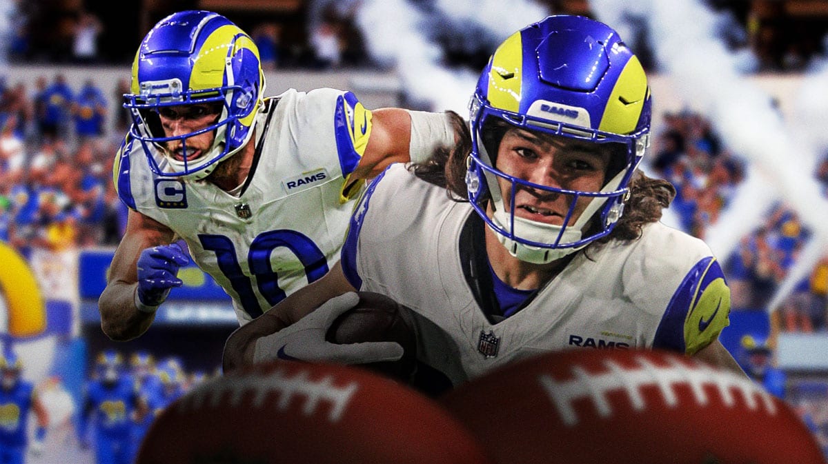 Los Angeles Rams stars Puka Nacua and Cooper Kupp in front of SoFi Stadium.