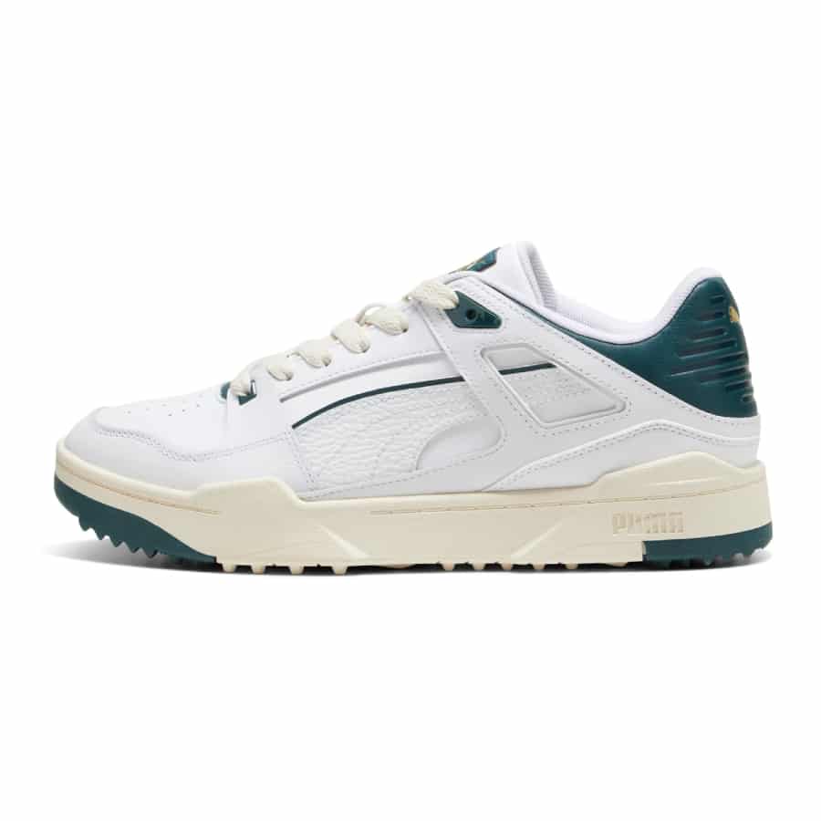 Puma Slipstream G Spikeless Golf Shoes - Puma White/Varsity Green colorway on a white background.