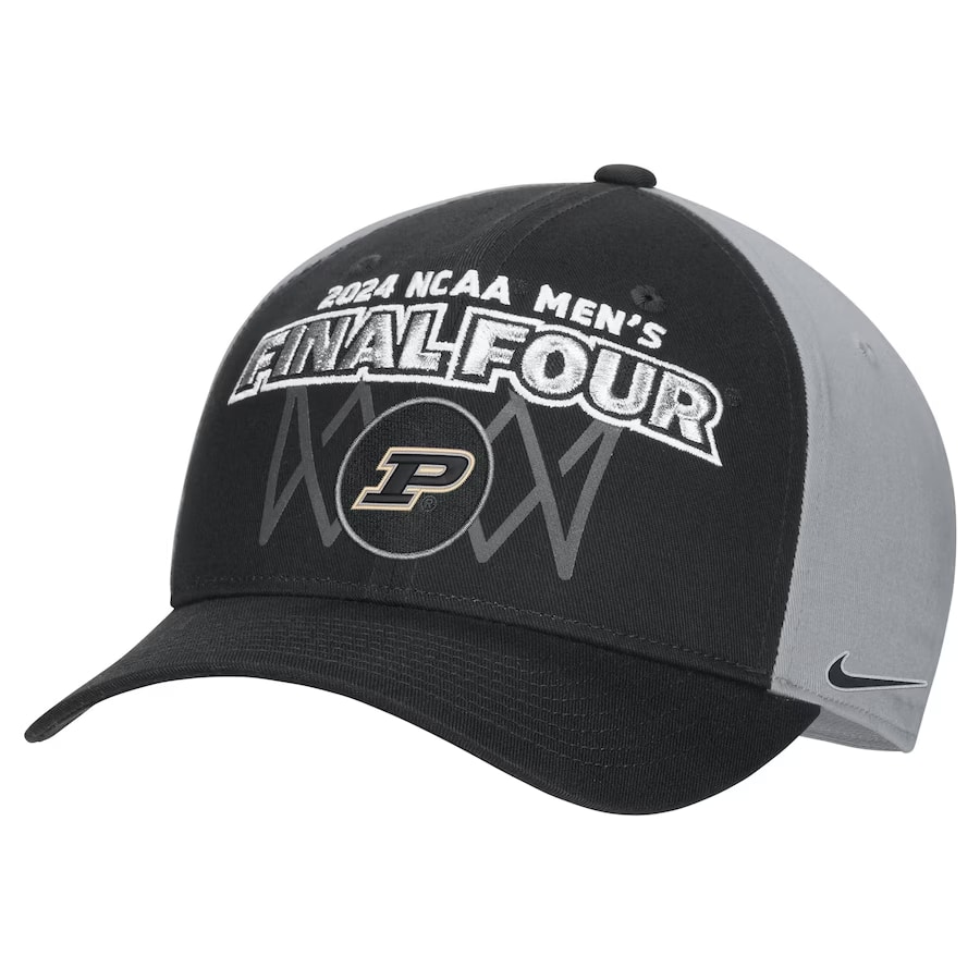 Purdue Boilermakers Nike 2024 NCAA Men's Basketball Tournament March Madness Final Four Regional Champions Locker Room Classic 99 Adjustable Hat - Black color on a white background.