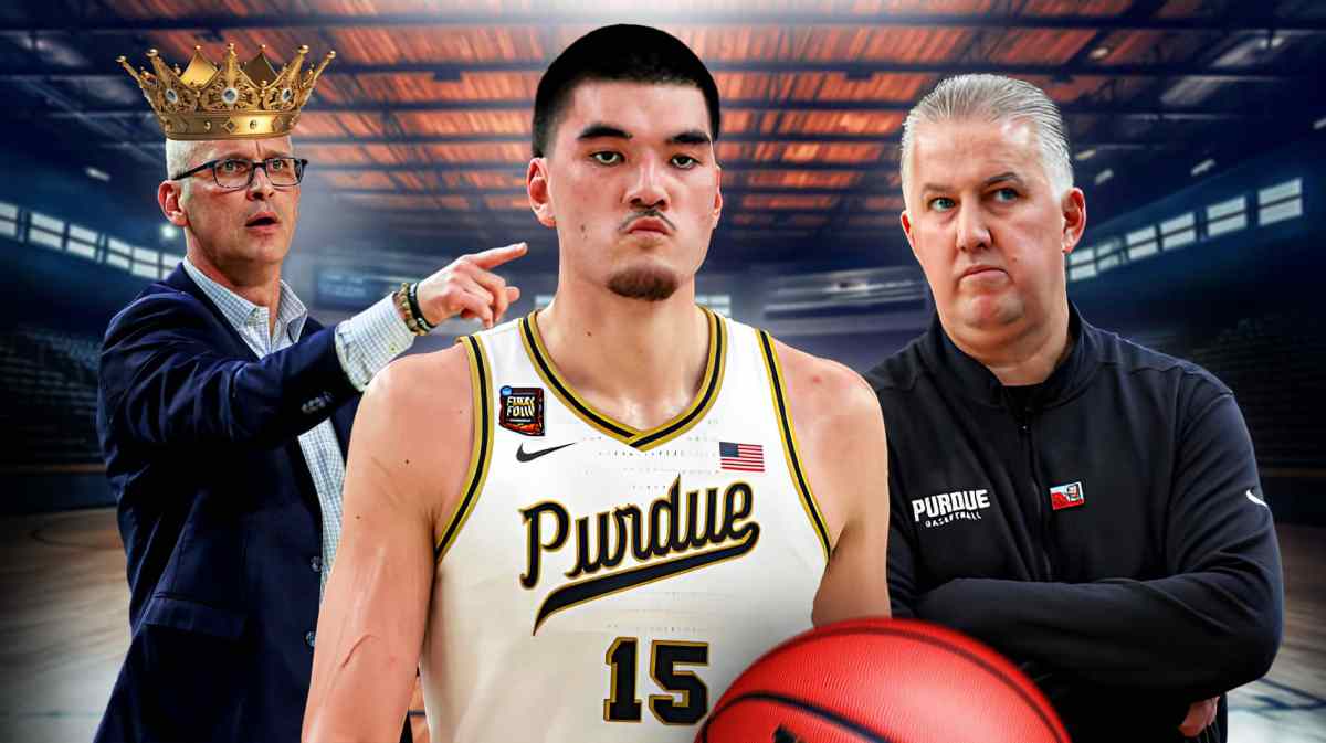 Purdue Zach Edey and Matt Painter after NCAA Tournament National Championship loss to Dan Hurley UConn