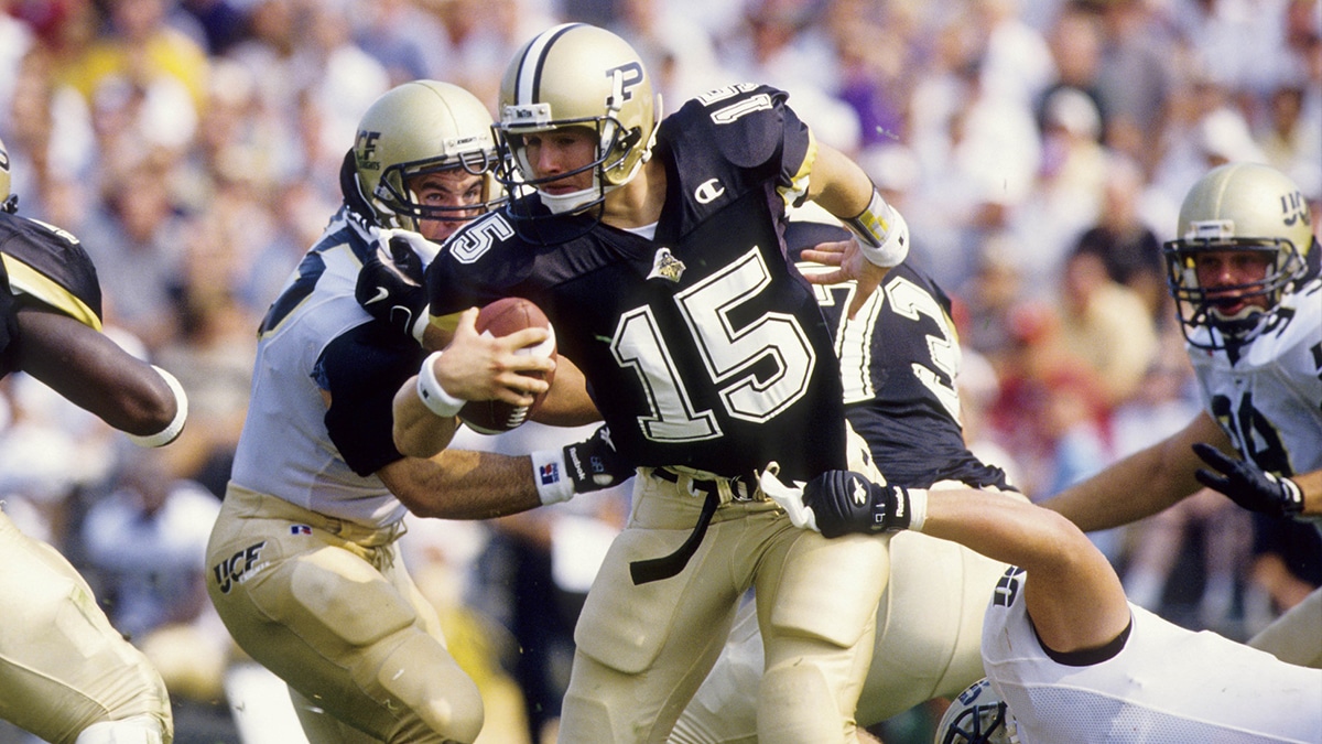 Purdue Boilermakers quarterback Drew Brees (15) in action against the Central Florida Knights at Ross-Ade Stadium.