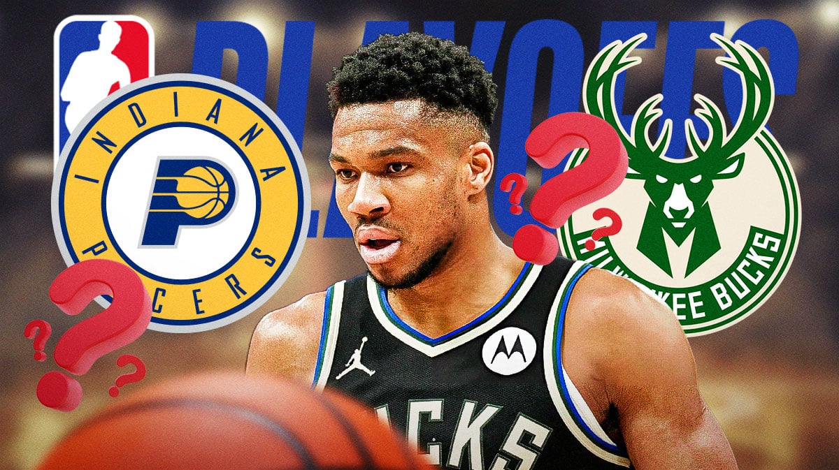 Bucks' Giannis Antetokounmpo next to Pacers and NBA Playoffs logo with question marks