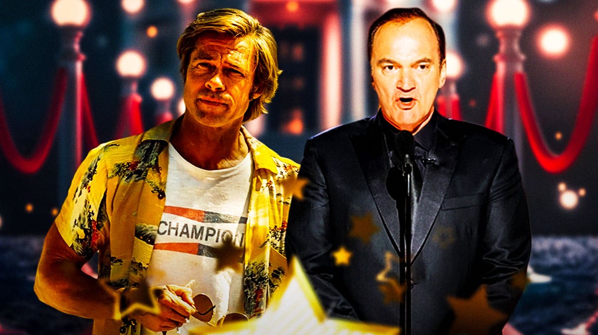 The Movie Critic director Quentin Tarantino next to Cliff Booth (Brad Pitt) from Once Upon a Time in Hollywood.