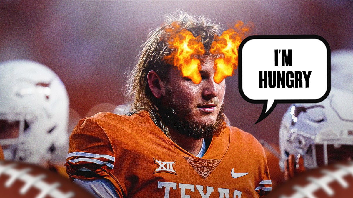 Photo: Quinn Ewers with fire in his eyes in Texas football jersey saying "I'm hungry!"