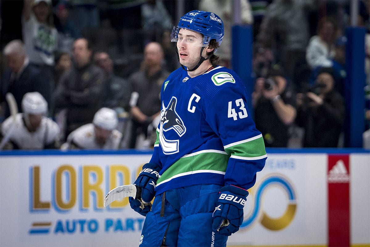 Vancouver Canucks defenseman Quinn Hughes (43) celebrates his goal against the Vegas Golden Knights in the first period at Rogers Arena. 
