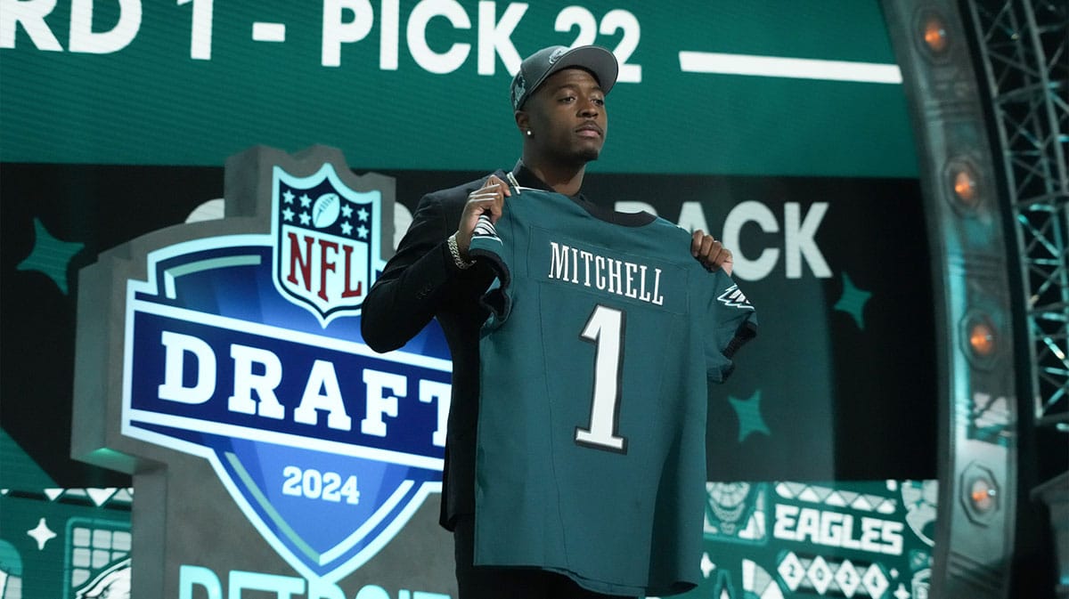 Toledo Rockets cornerback Quinyon Mitchell poses after being selected by the Philadelphia Eagles as the No. 22 pick in the first round of the 2024 NFL Draft at Campus Martius Park and Hart Plaza