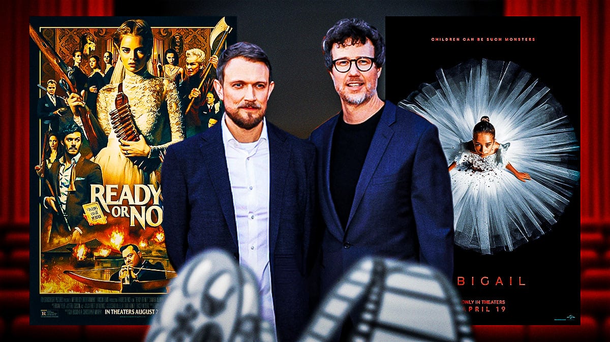 Radio Silence's Matt Bettinelli-Olpin and Tyler Gillett with Ready or Not and Abigail posters.
