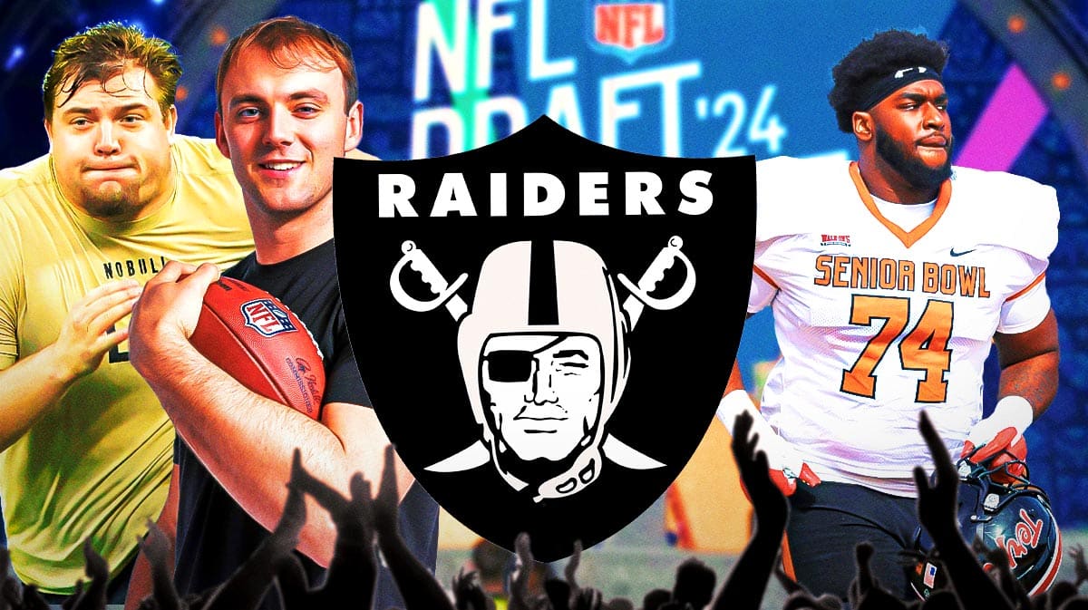 A Raiders logo in the center surrounded by Brock Bowers, Jackson Powers-Johnson, and Delmar Glaze in Raiders jerseys and a 2024 NFL Draft background.
