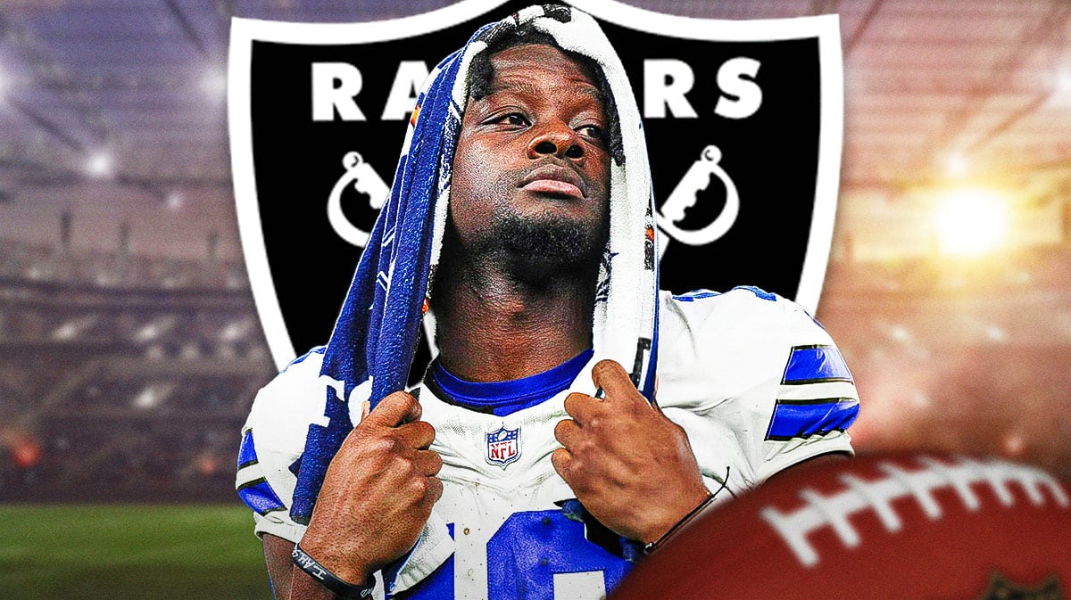 Veteran wide receiver Michael Gallup in front of Las Vegas Raiders logo
