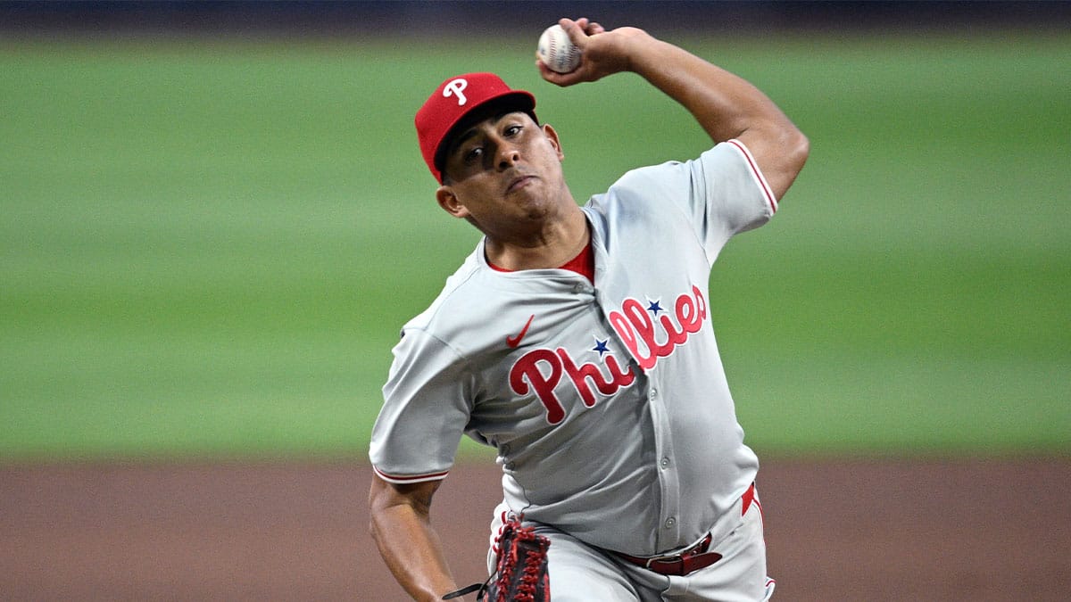 Apr 27, 2024; San Diego, California, USA; Philadelphia Phillies starting pitcher Ranger Suarez (55) throws a pitch against the San Diego Padres during the seventh inning at Petco Park. 