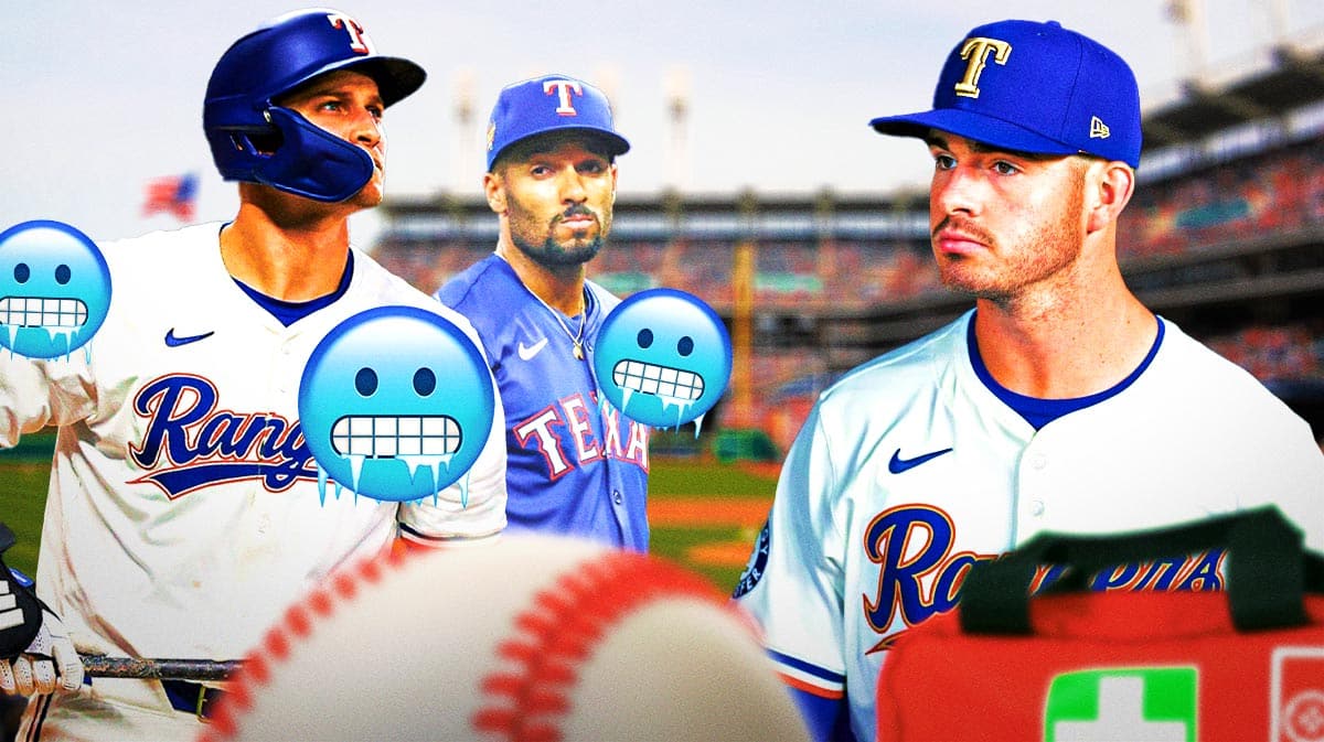 Cody Bradford on one side with an injury kit in front of him, Marcus Semien and Corey Seager on the other side freezing cold. Rangers 2024 season