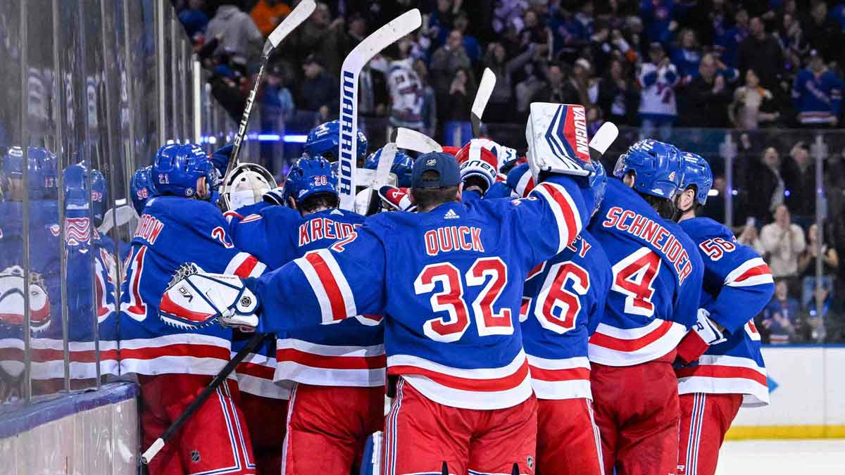 New York Rangers celebrate their victory over the New York Islanders after the game at Madison Square Garden.