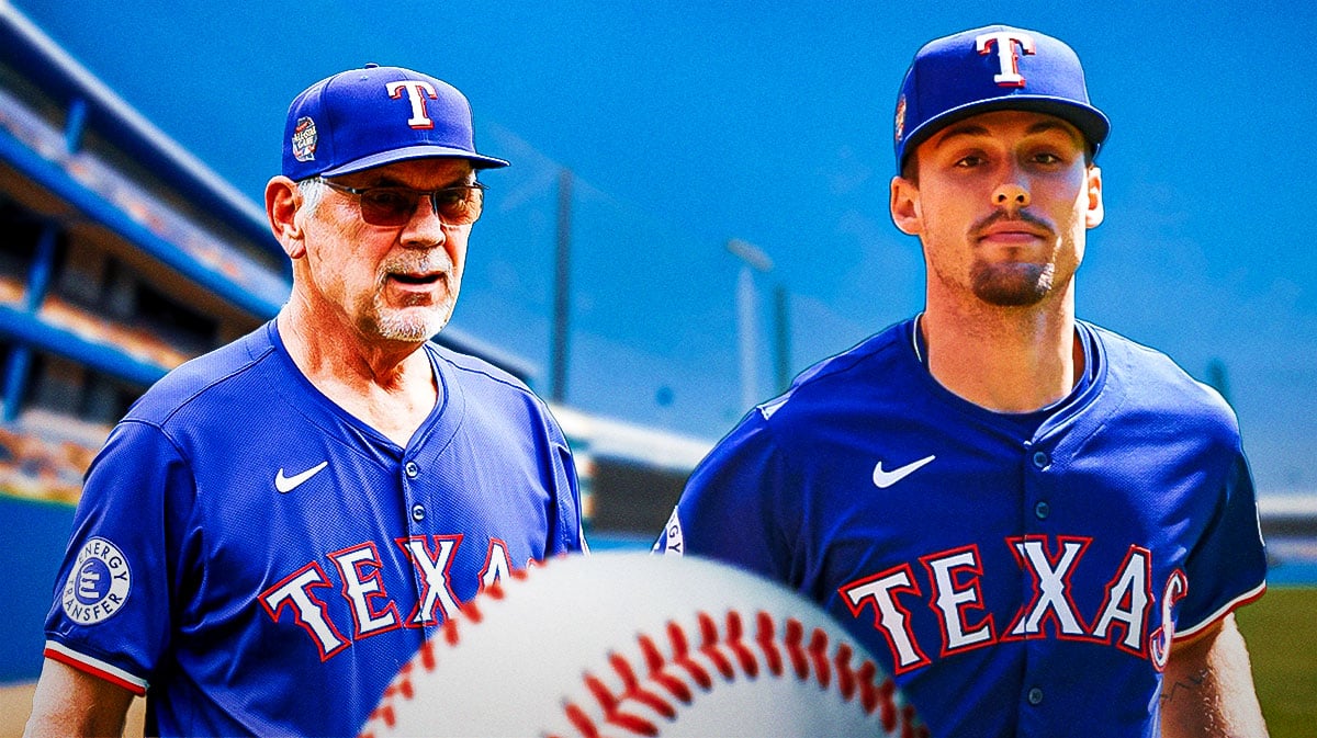Texas Rangers manager Bruce Bochy next to Evan Carter