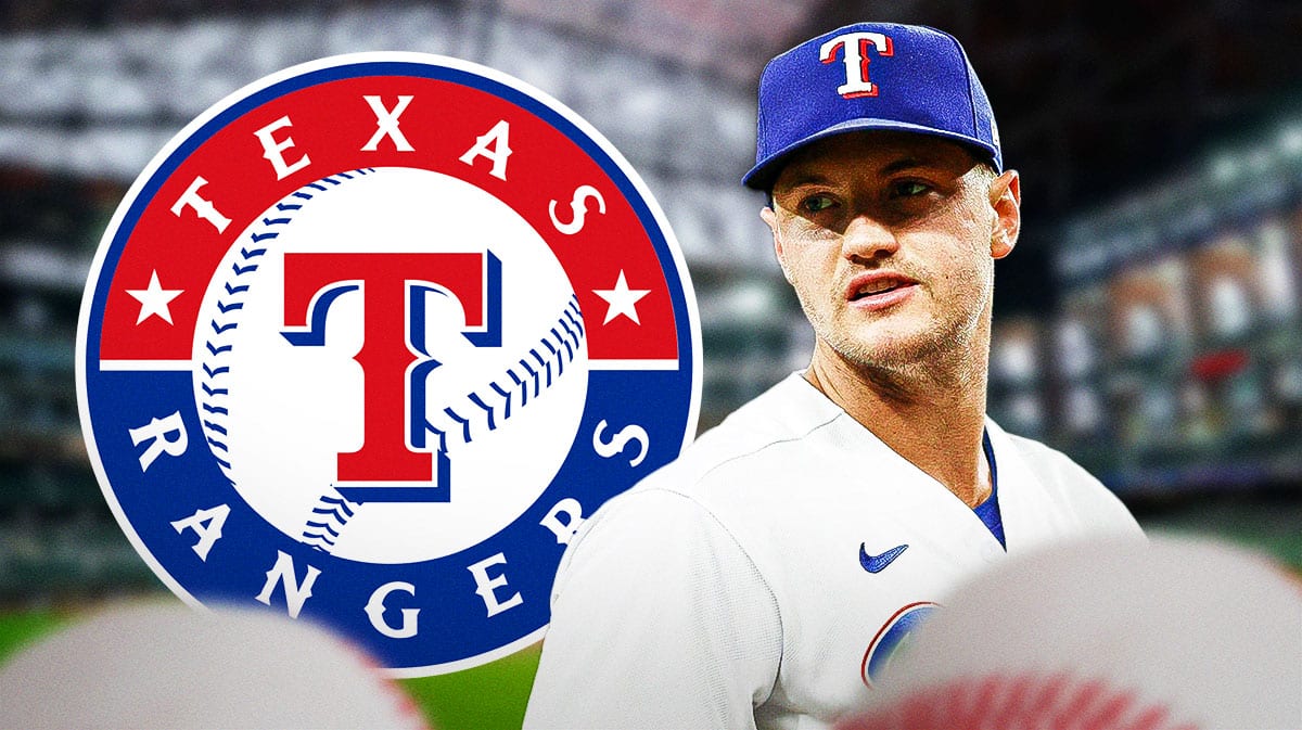 Josh Jung next to a Rangers logo at Globe Life Field