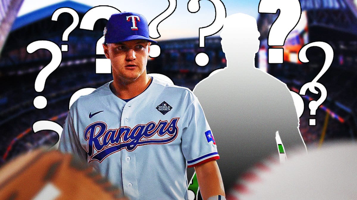 Rangers' Josh Jung looking at silhouette of Justin Foscue with question marks all over