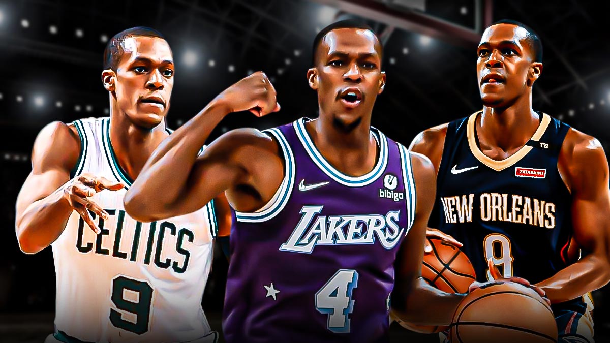 Rajon Rondo playing for the Celtics, Lakers, and Pelicans.