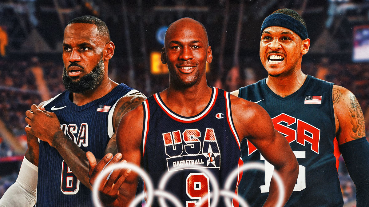 LeBron James, Michael Jordan and Carmelo Anthony playing for Team USA.
