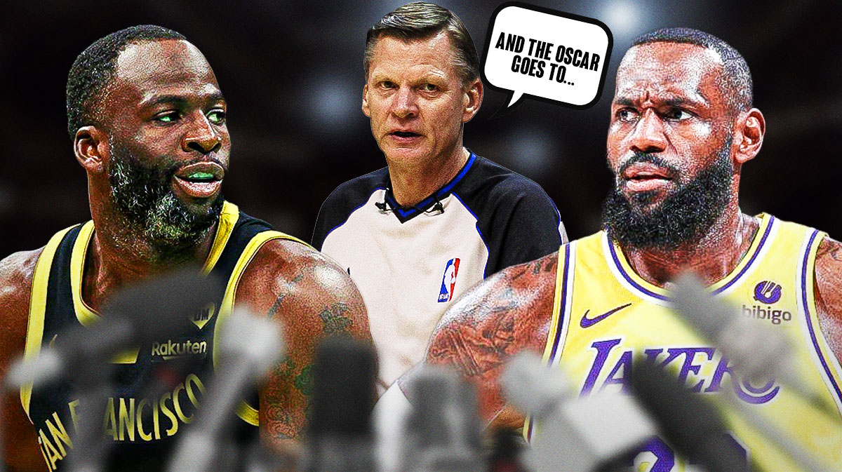 Draymond Green and LeBron James with a referree saying "And the Oscar goes to..."