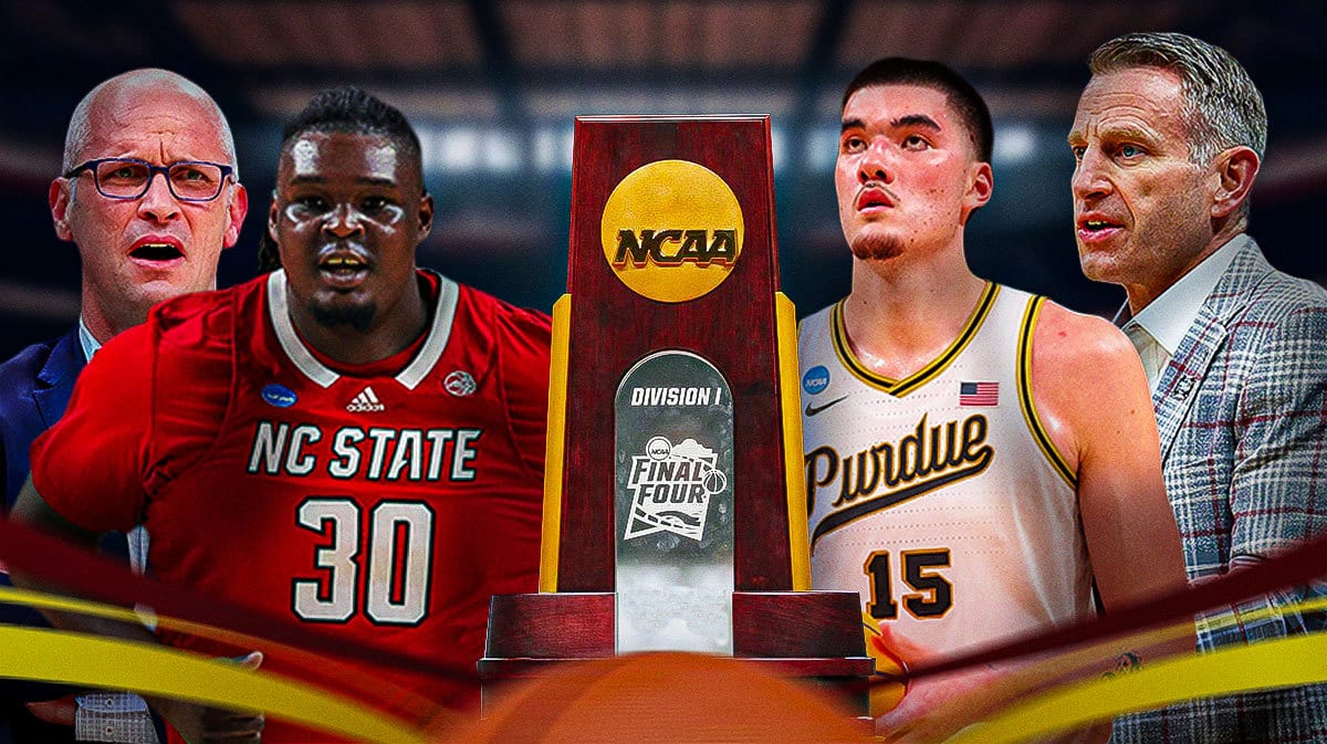 Purdue's Zach Edey with Alabama coach Nate Oats, UConn coach Dan Hurley, and NC State star Dj Burns with Final Four trophy.