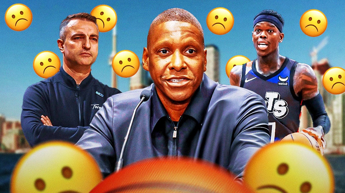Raptors GM Masai Ujiri, coach Darko Rajakovic, and Dennis Schroeder this season with frown face emojis all around.