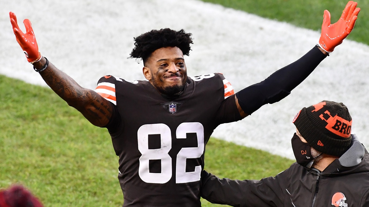 Cleveland Browns wide receiver Rashard Higgins (82) celebrates after the Browns beat the Pittsburgh Steelers and secured a playoff berth at FirstEnergy Stadium. 