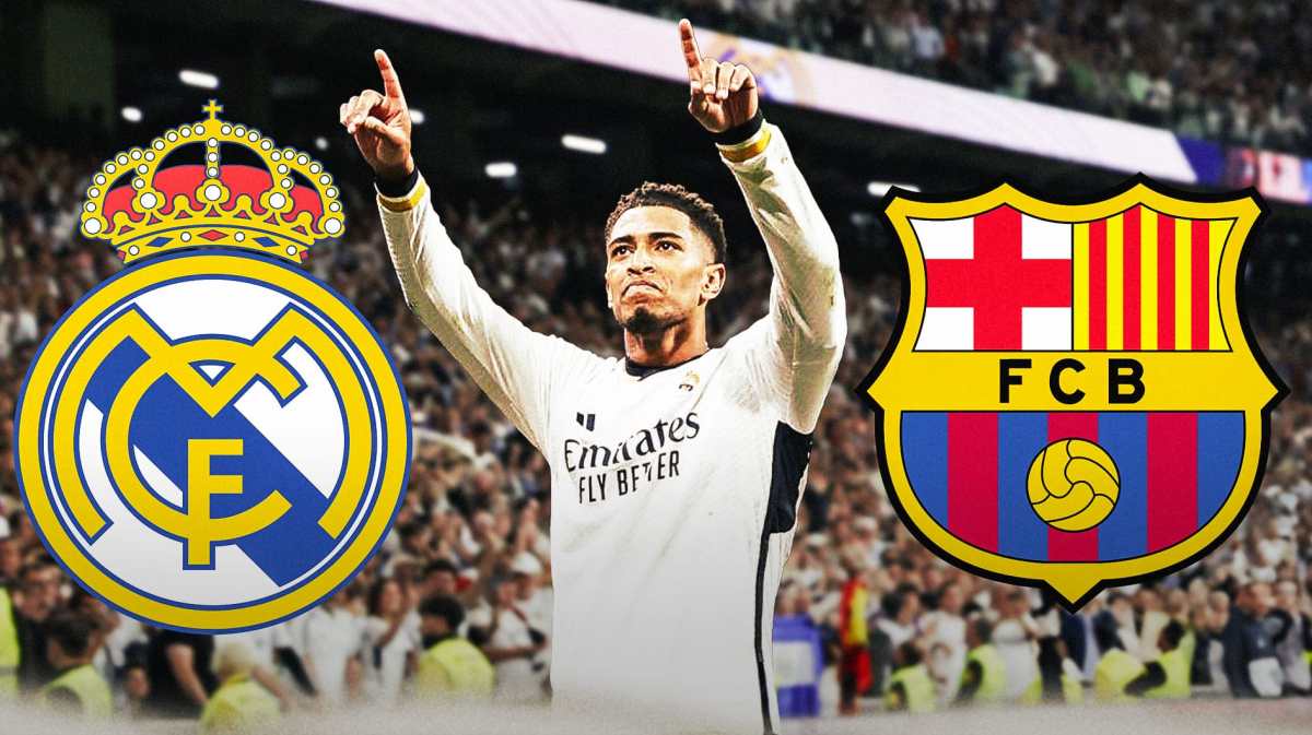 Jude Bellingham celebrating in front of the Real Madrid and FC Barcelona logo