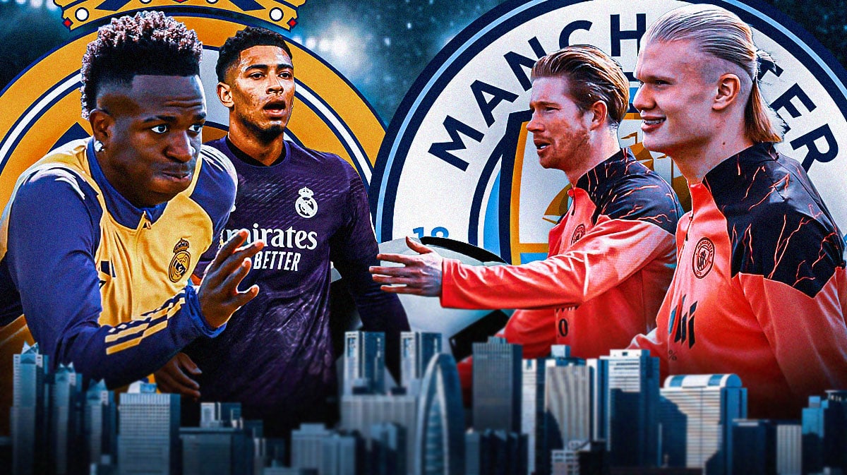 Vinicius Jr and Jude Bellingham in front of the Real Madrid logo on one side, Erling Haaland and Kevin de Bruyne in front of the Manchester City logo