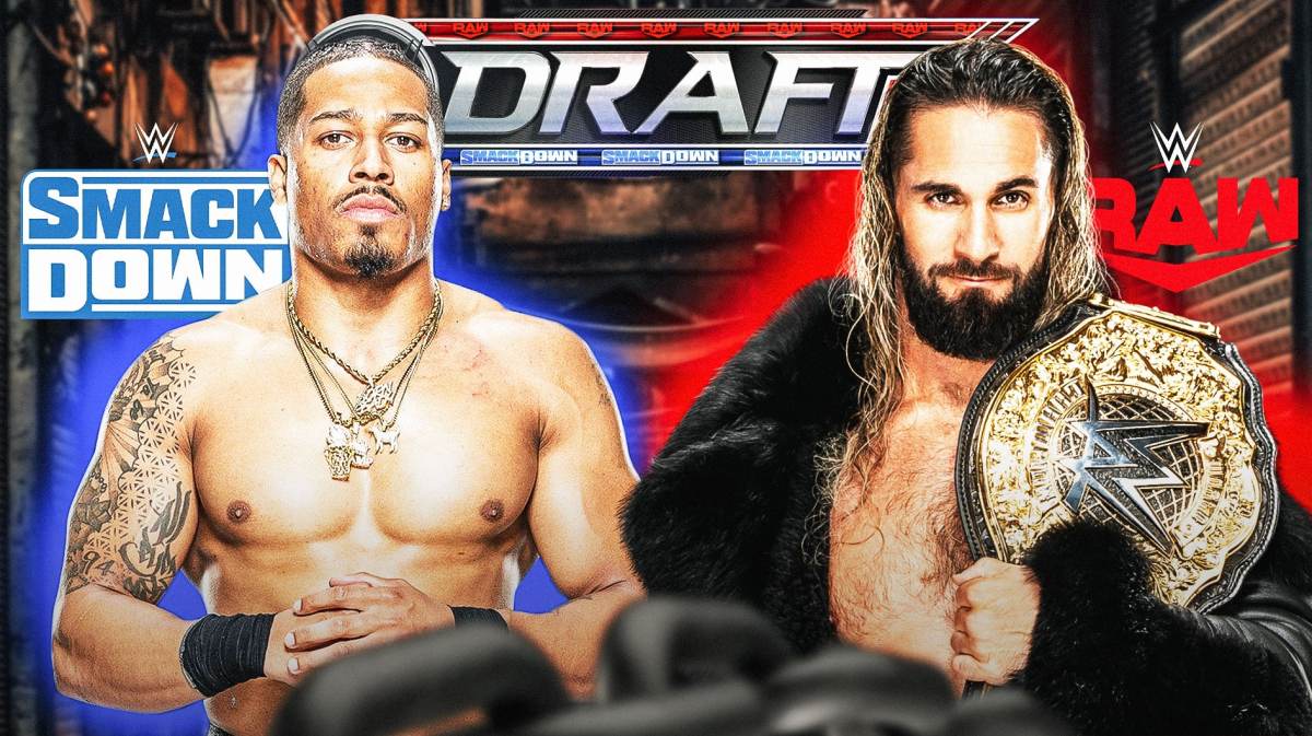 Seth Rollins on the right side of the screen with the RAW logo and a red background behind him, and Carmelo Hayes on the left side of the screen with the SmackDown logo and a blue background behind him with the WWE Draft logo as the background.