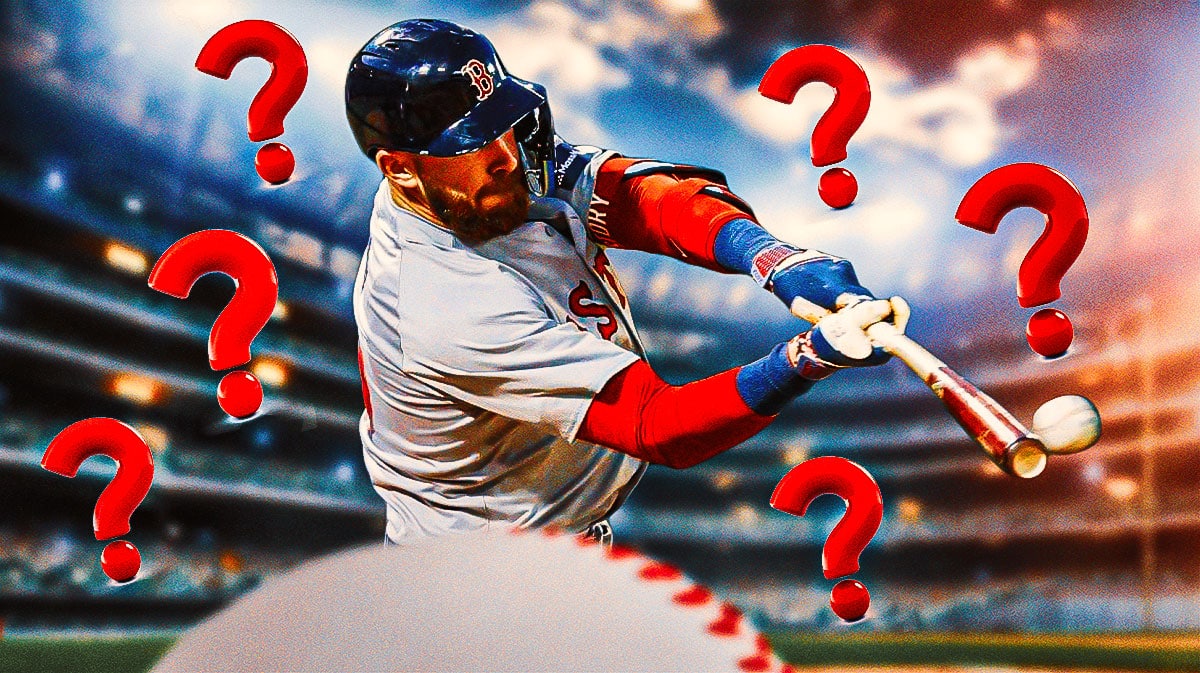 Red Sox's Trevor Story swinging a baseball bat with question marks everywhere.