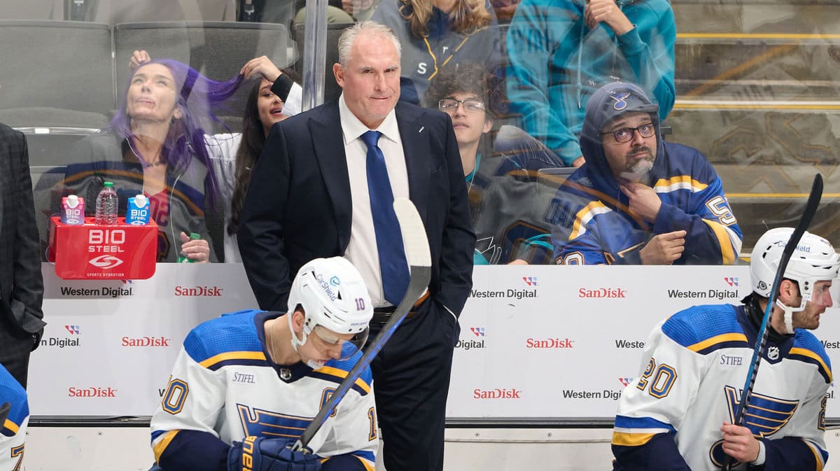 St. Louis Blues head coach Craig Berube watches the game from the bench against the San Jose Sharks during the third period at SAP Center at San Jose.