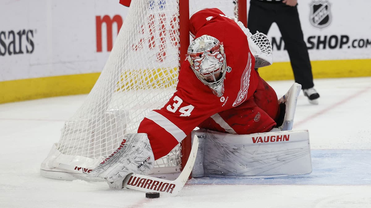 Detroit Red Wings goaltender Alex Lyon (34) makes a save in the third period against the Washington Capitals at Little Caesars Arena.