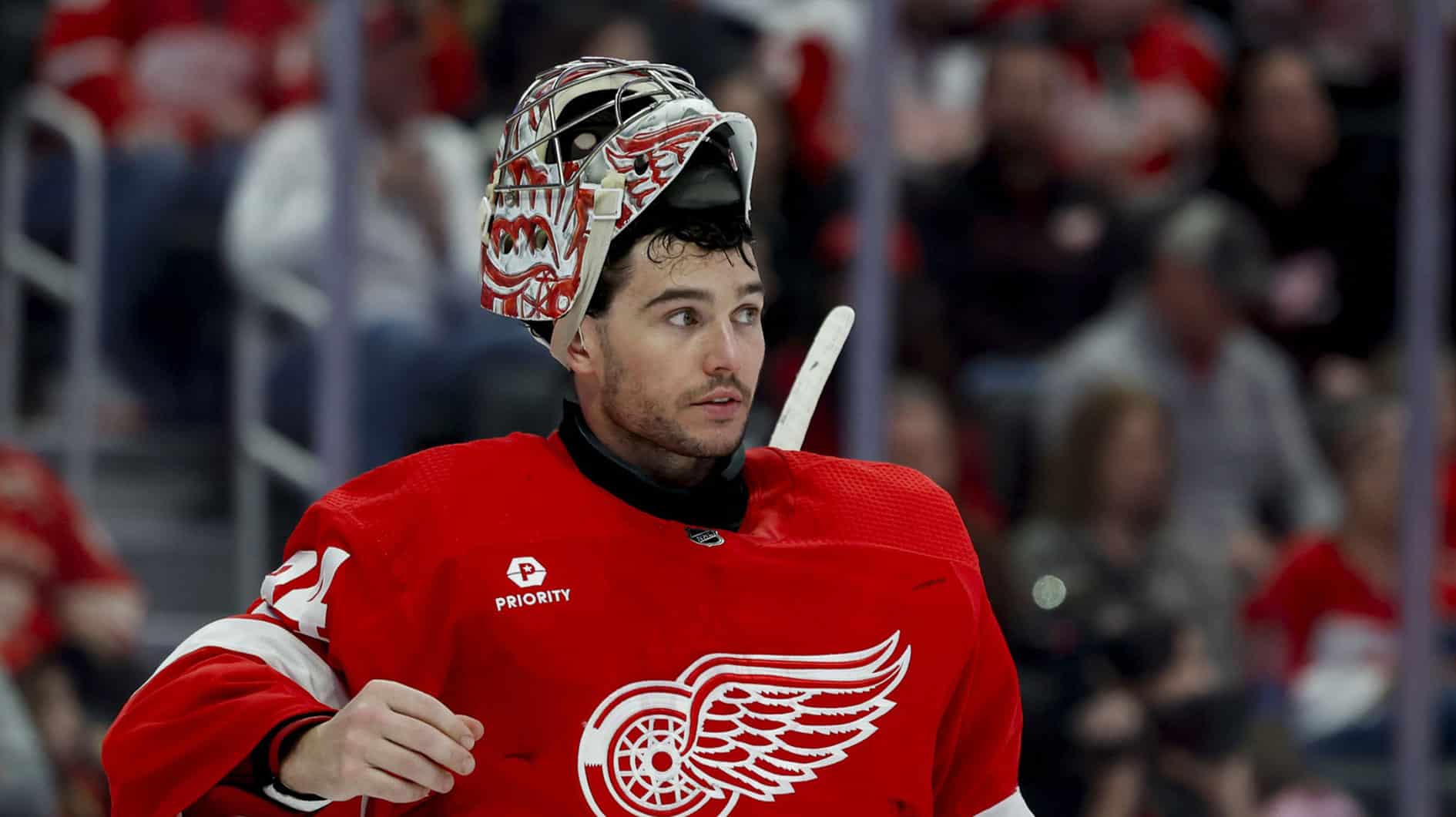 Detroit Red Wings goaltender Alex Lyon (34) looks on in the third period against the Buffalo Sabres at Little Caesars Arena.