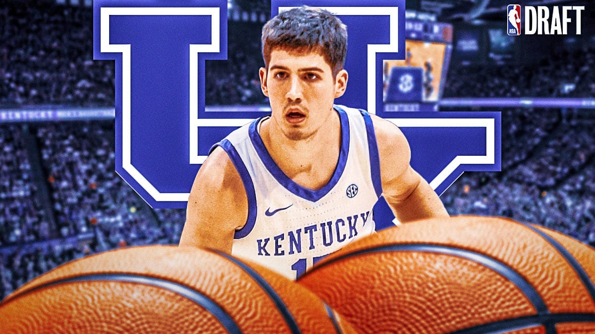 Kentucky basketball's Reed Sheppard stand next to 2024 NBA Draft logo with stats clipboards