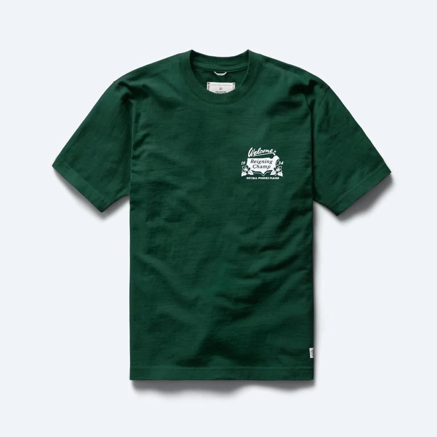 Reigning Champ Augusta Pack:  Midweight Jersey Augusta T-Shirt - British Racing Green color on a light gray background.