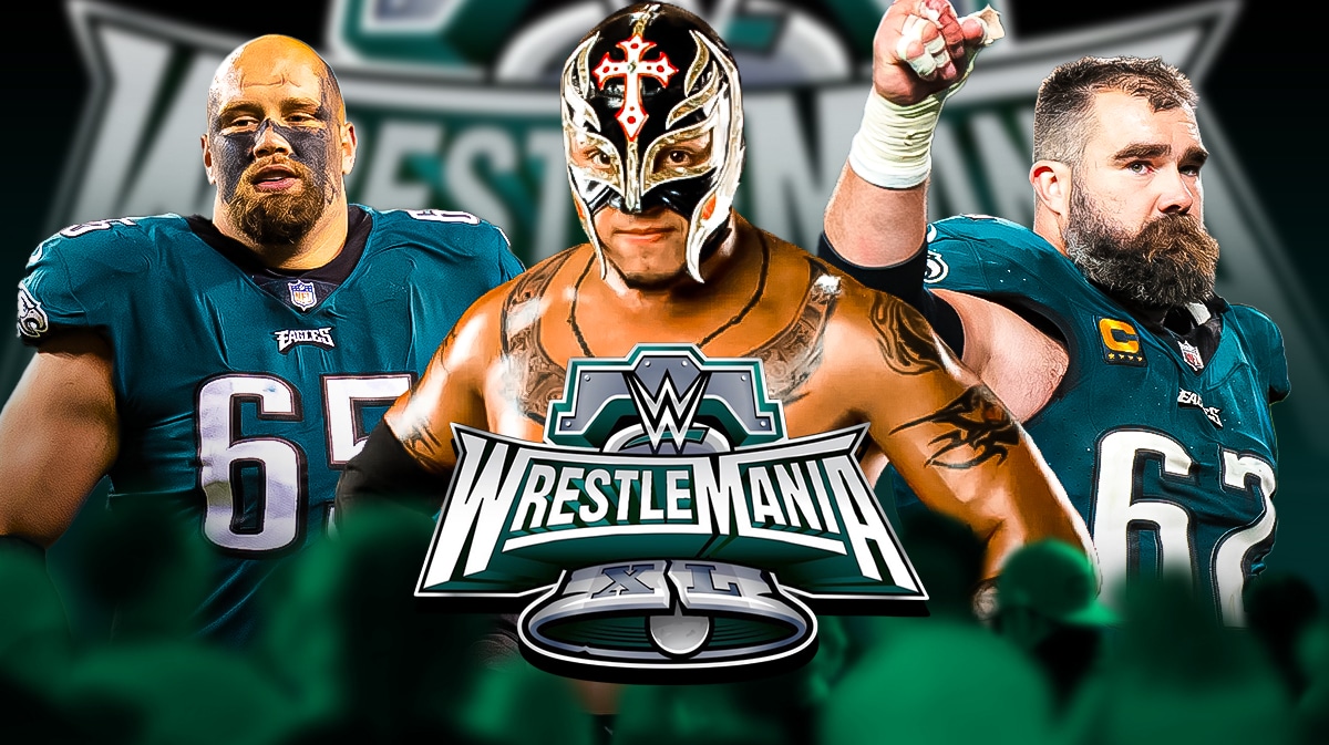 Rey Mysterio with Lane Johnson on his left and Jason Kelce on his right with the WrestleMania 40 logo as the background.