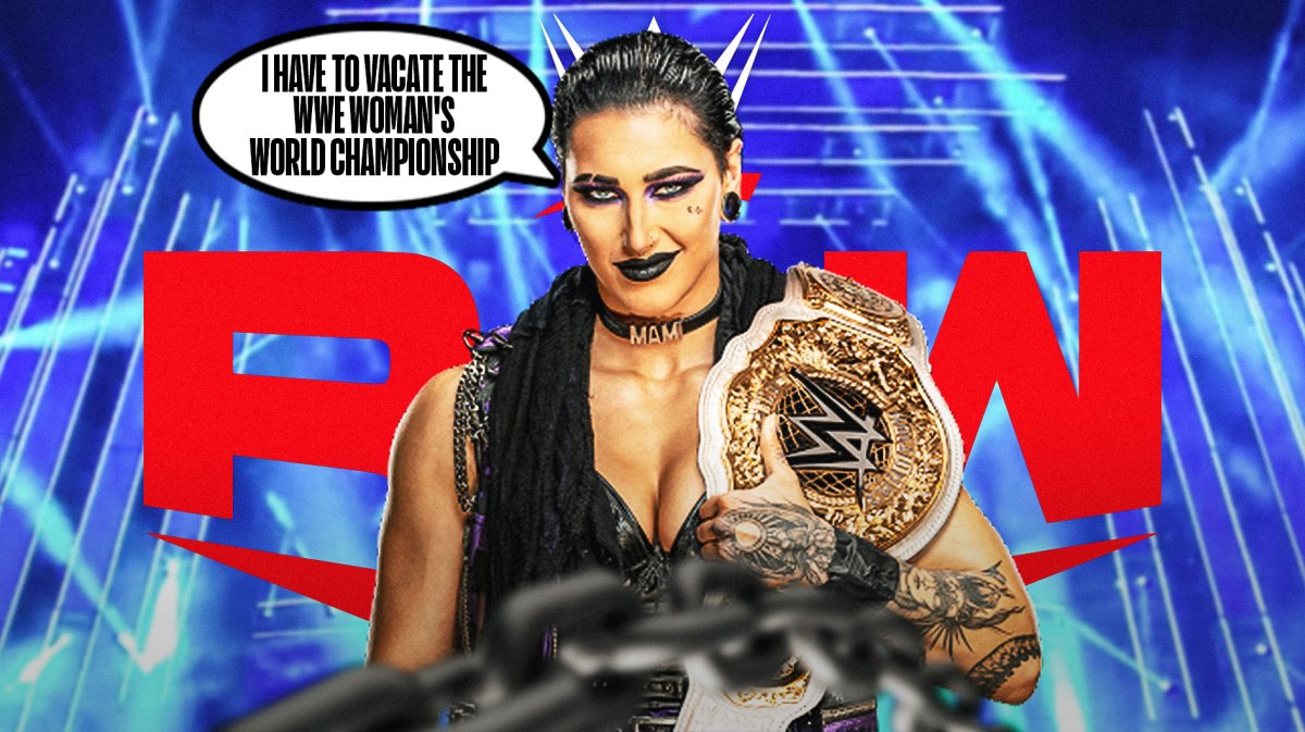 Rhea Ripley holding the WWE Woman's World Championship with a text bubble reading "I have to vacate the WWE Woman's World Championship" with the RAW logo as the background.