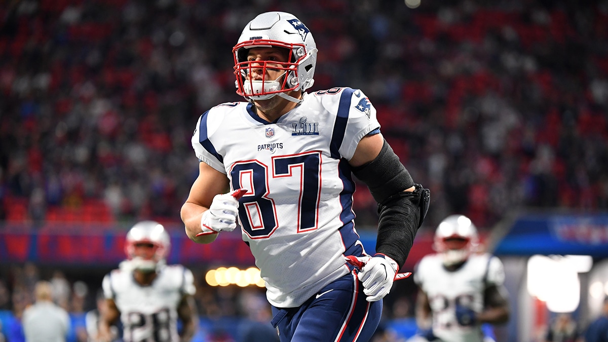 New England Patriots tight end Rob Gronkowski (87) before Super Bowl LIII against the Los Angeles Rams at Mercedes-Benz Stadium